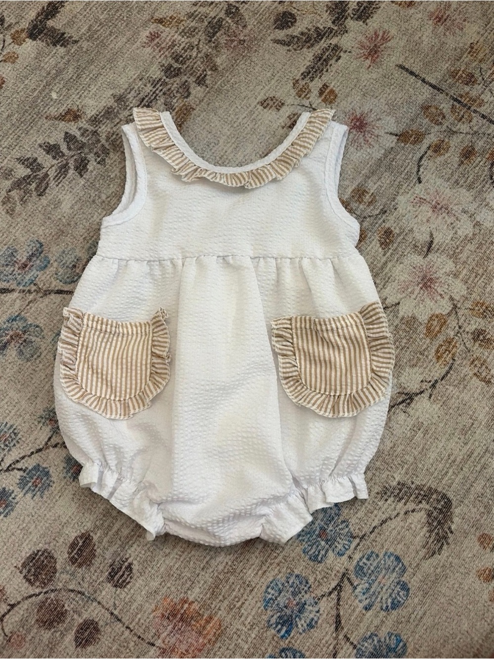 Baby Girls White Bubble Romper with Beige Striped Pockets